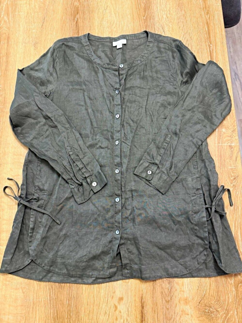 J. Jill Women's PM Petite Green Linen Button Front Tunic Blouse Long Sleeve